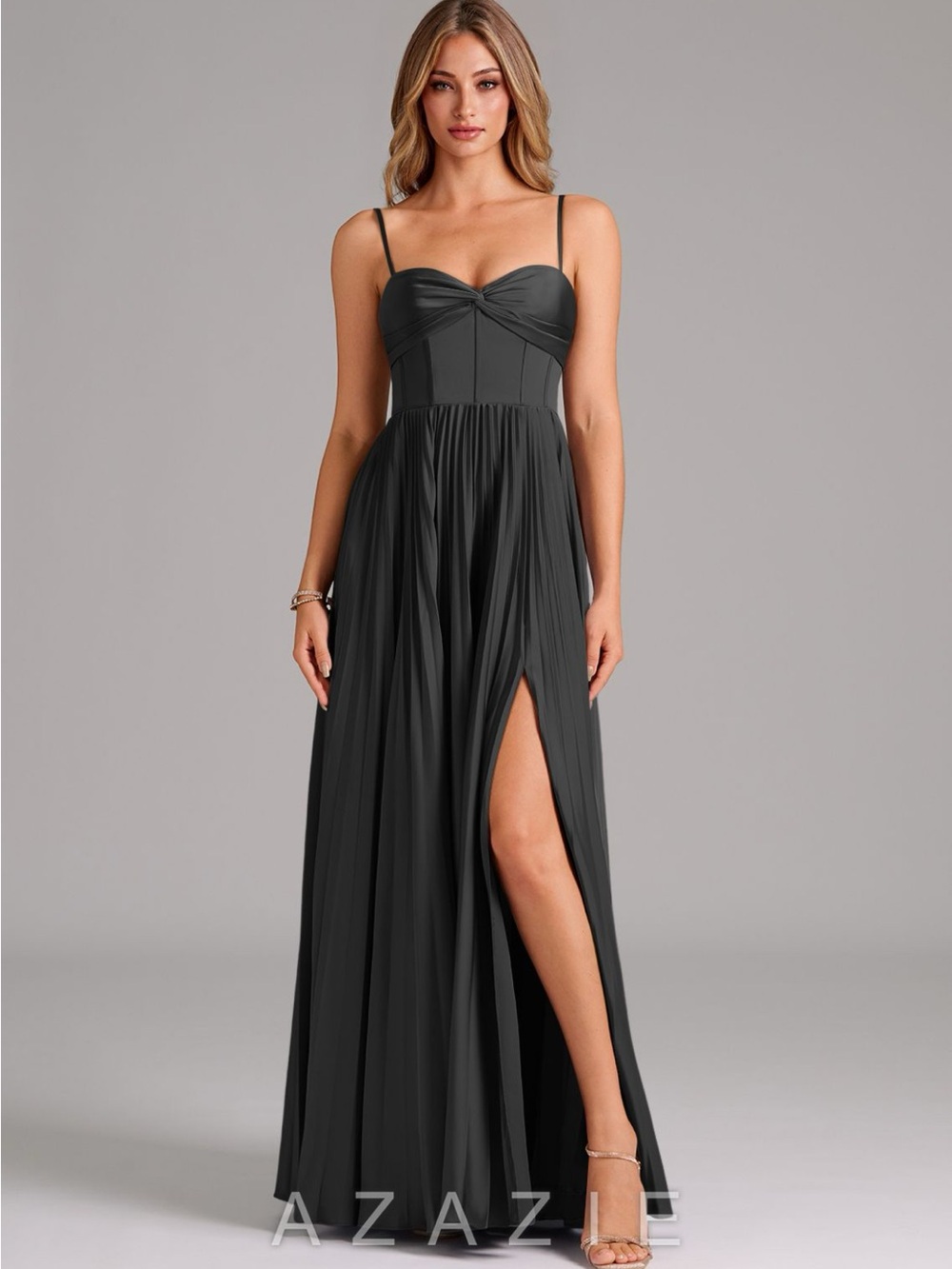 Azazie Black Pleated Spaghetti-Strap Prom Gown with High Slit